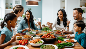 A family having a dinner of a variety of vegan and omnivore foods