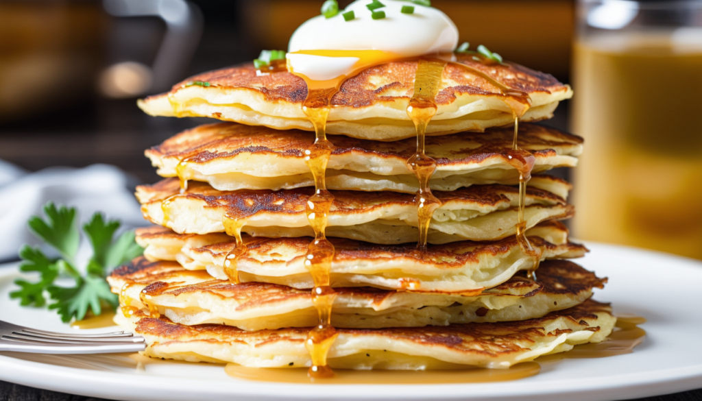 A stack of vegan potato pancakes with vegan sour cream and maple syrup